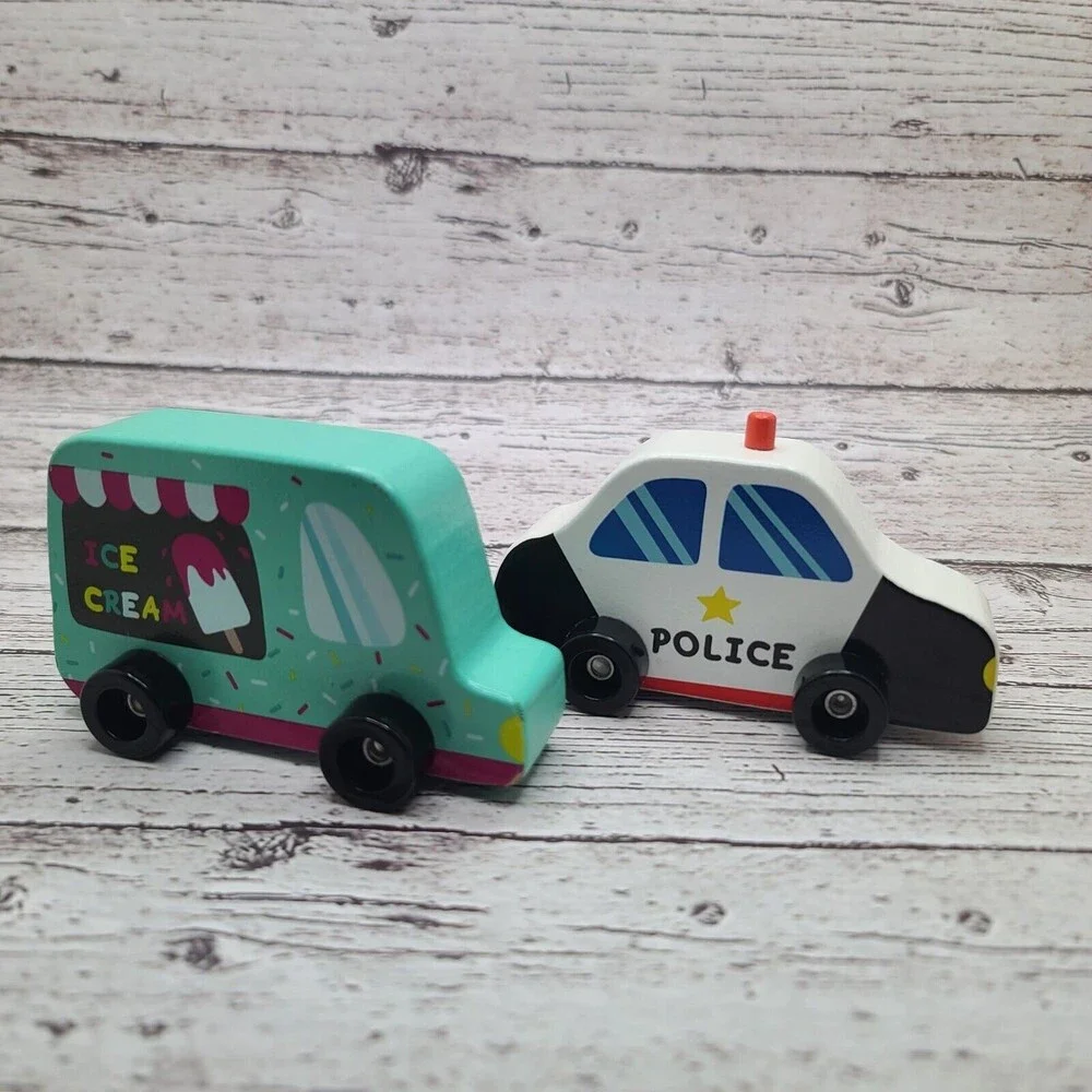 Wooden Toy Ice Cream Truck Police Car Ankyo Toys Vehicles Lot of 2